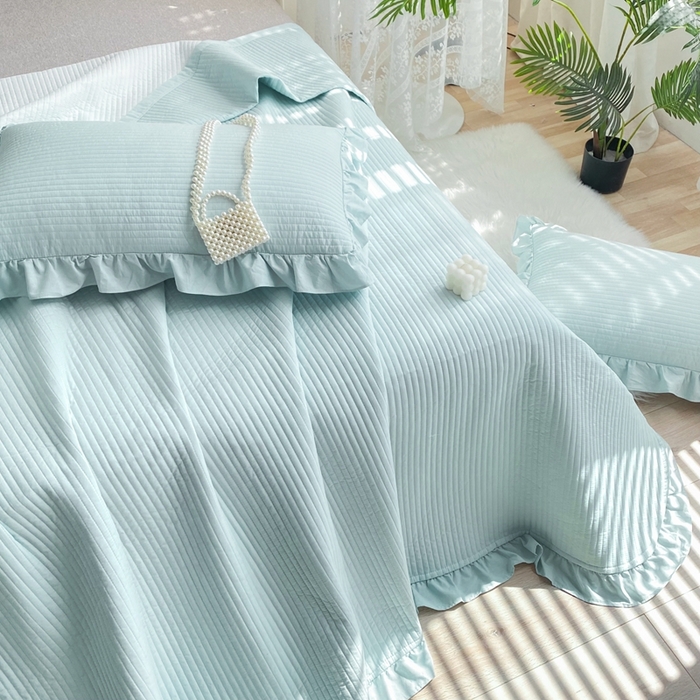 91家纺网 家纺一手货源 找家纺 （总）大境 2024新款40S全棉水洗棉韩版荷叶边夹棉床盖三件套