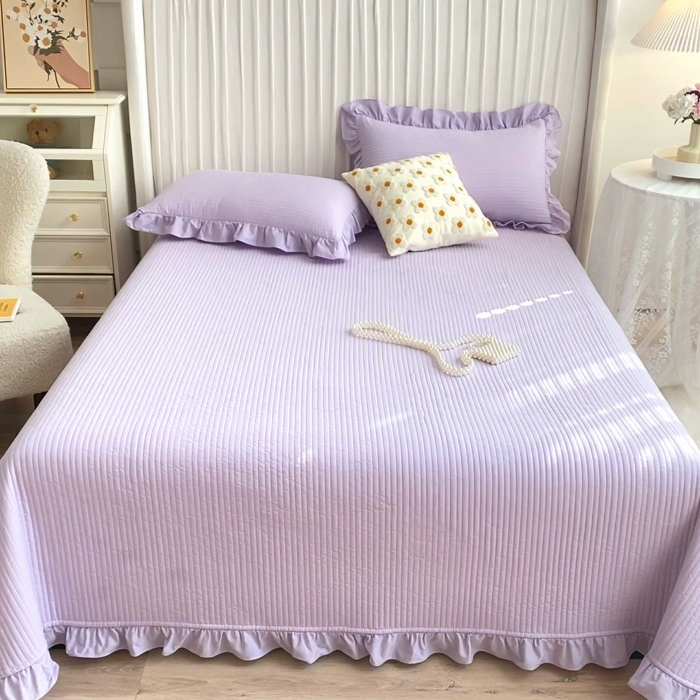 91家纺网 家纺一手货源 找家纺 大境 2024新款40S全棉水洗棉韩版荷叶边夹棉床盖三件套 千黛紫