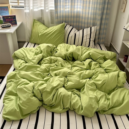 91家纺网 家纺一手货源 找家纺 奈颜 2024新款水洗双层纱爆款双拼条纹四件套（实拍图） 浅果绿+条纹