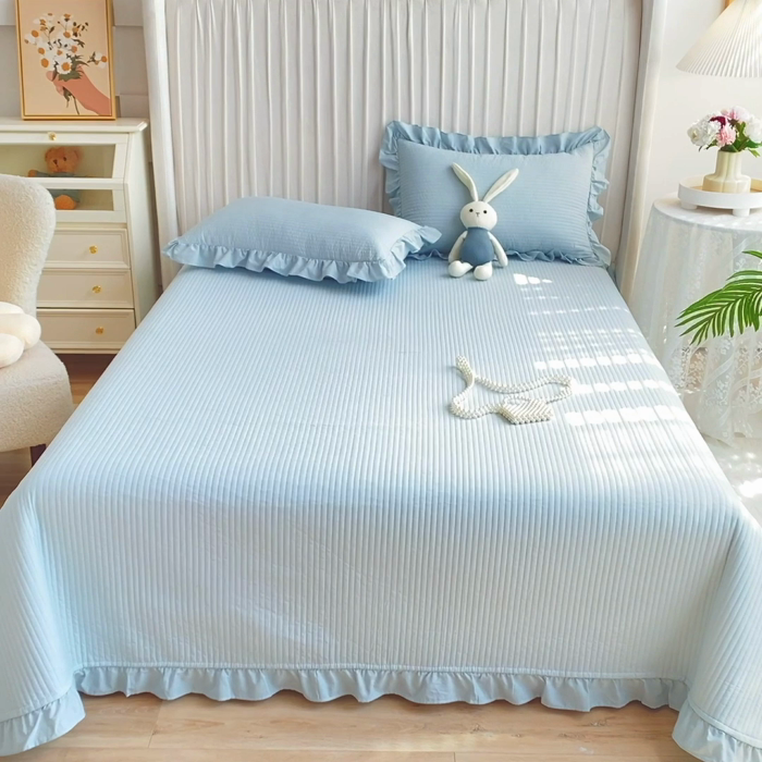 91家纺网 家纺一手货源 找家纺 大境 2024新款40S全棉水洗棉韩版荷叶边夹棉床盖三件套 海盐蓝