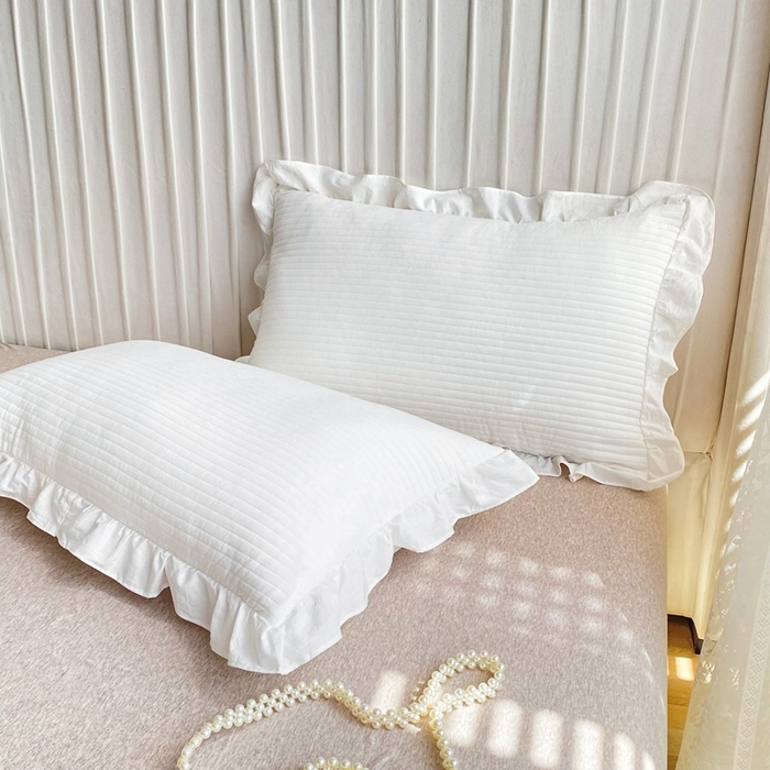 91家纺网 家纺一手货源 找家纺 大境 2024新款40S全棉水洗棉韩版荷叶边夹棉床盖三件套 云朵白