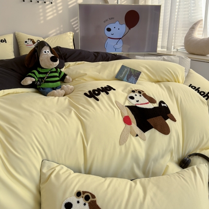 曼谷家纺 新款毛巾绣四件套小狗图案柔软磨毛床上用品水洗棉套件 飞行员-芝士黑