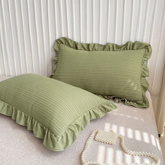 91家纺网 家纺一手货源 找家纺 大境 2024新款40S全棉水洗棉韩版荷叶边夹棉床盖三件套 抹茶绿