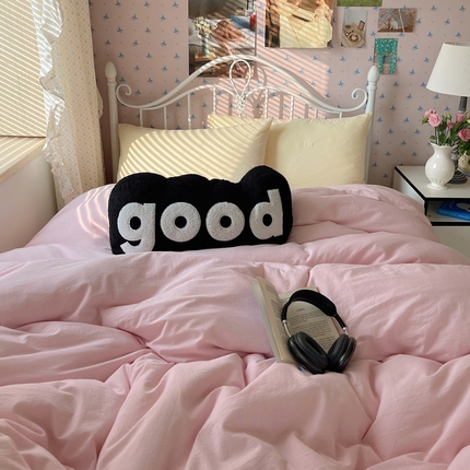 91家纺网 家纺一手货源 找家纺 桃子家居 2024新款ins少女软糯奶油撞色色织水洗棉纯棉系列四件套 水洗棉-色织绮梦粉