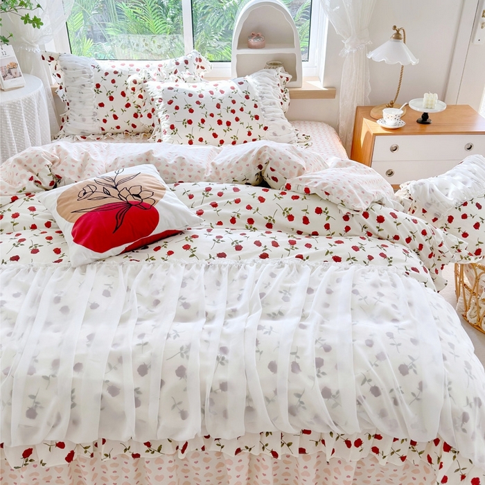 91家纺网 家纺一手货源 找家纺 亲亲公主 2025新款全棉蕾丝仙女款床裙四件套 玫瑰恋人