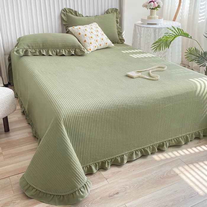 91家纺网 家纺一手货源 找家纺 大境 2024新款40S全棉水洗棉韩版荷叶边夹棉床盖三件套 抹茶绿