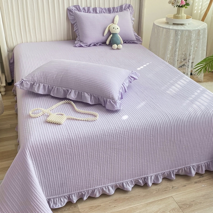 91家纺网 家纺一手货源 找家纺 大境 2024新款40S全棉水洗棉韩版荷叶边夹棉床盖三件套 千黛紫