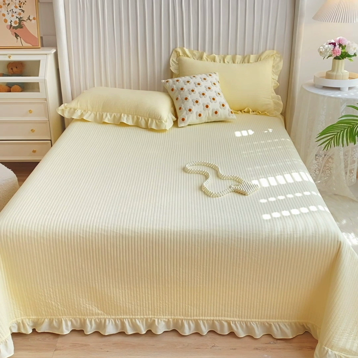 91家纺网 家纺一手货源 找家纺 大境 2024新款40S全棉水洗棉韩版荷叶边夹棉床盖三件套 奶油黄