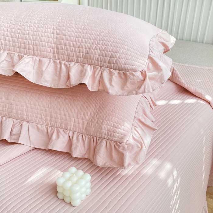 91家纺网 家纺一手货源 找家纺 大境 2024新款40S全棉水洗棉韩版荷叶边夹棉床盖三件套 浅豆沙