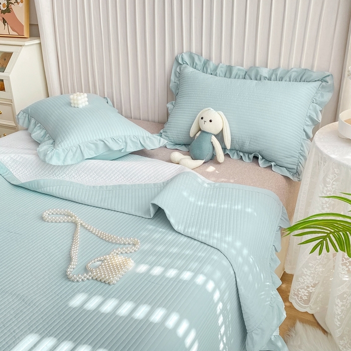 91家纺网 家纺一手货源 找家纺 大境 2024新款40S全棉水洗棉韩版荷叶边夹棉床盖三件套 海盐蓝