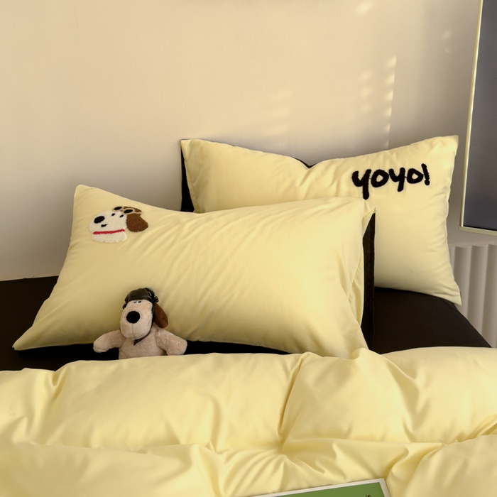 91家纺网 家纺一手货源 找家纺 曼谷家纺 新款毛巾绣四件套小狗图案柔软磨毛床上用品水洗棉套件 飞行员-芝士黑