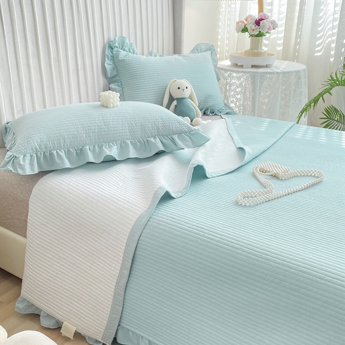 91家纺网 家纺一手货源 找家纺 （总）大境 2024新款40S全棉水洗棉韩版荷叶边夹棉床盖三件套