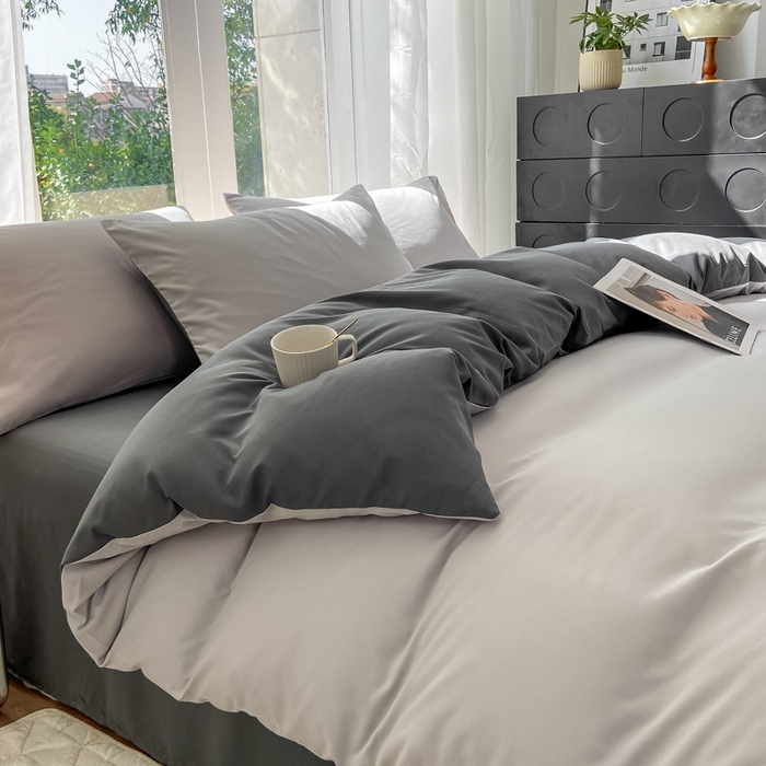 91家纺网 家纺一手货源 找家纺 安力森/诚臻酒店用品酒店用品 2025新款ins博主风水洗棉磨毛双拼四件套 灰白+中灰