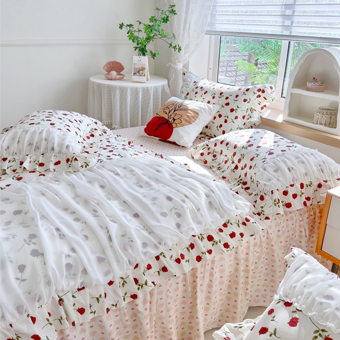 91家纺网 家纺一手货源 找家纺 亲亲公主 2025新款全棉蕾丝仙女款床裙四件套 玫瑰恋人