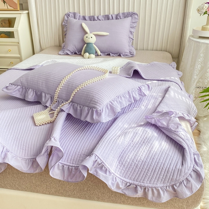 91家纺网 家纺一手货源 找家纺 大境 2024新款40S全棉水洗棉韩版荷叶边夹棉床盖三件套 千黛紫