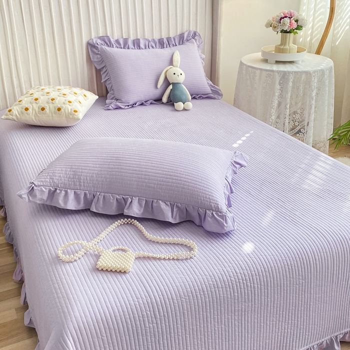 91家纺网 家纺一手货源 找家纺 大境 2024新款40S全棉水洗棉韩版荷叶边夹棉床盖三件套 千黛紫