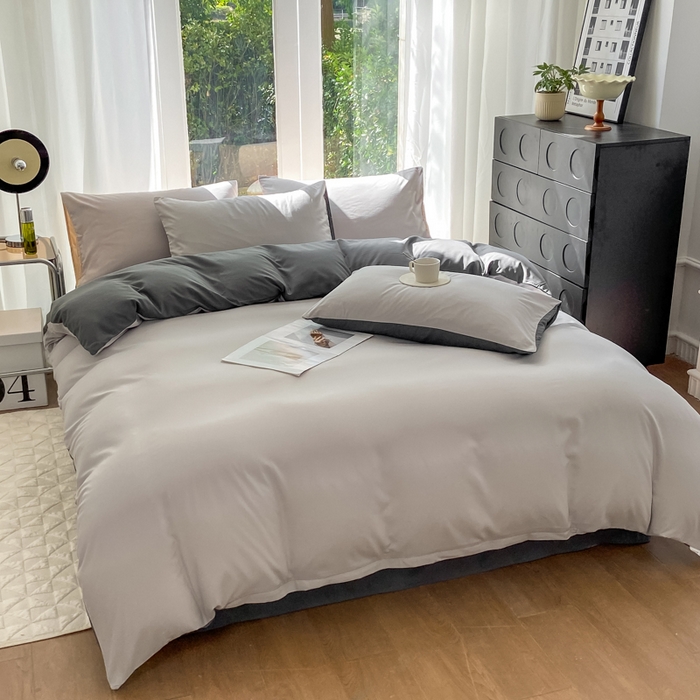 91家纺网 家纺一手货源 找家纺 安力森/诚臻酒店用品酒店用品 2025新款ins博主风水洗棉磨毛双拼四件套 灰白+中灰