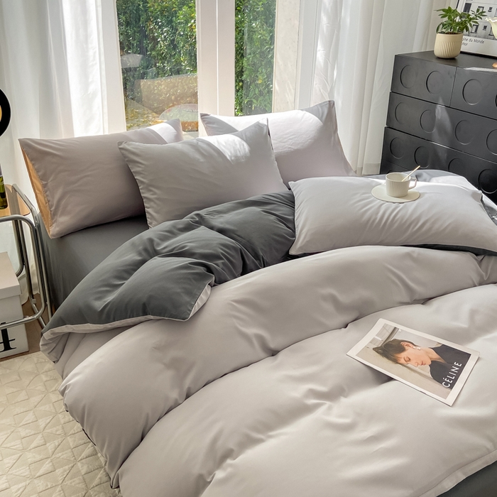 91家纺网 家纺一手货源 找家纺 安力森/诚臻酒店用品酒店用品 2025新款ins博主风水洗棉磨毛双拼四件套 灰白+中灰