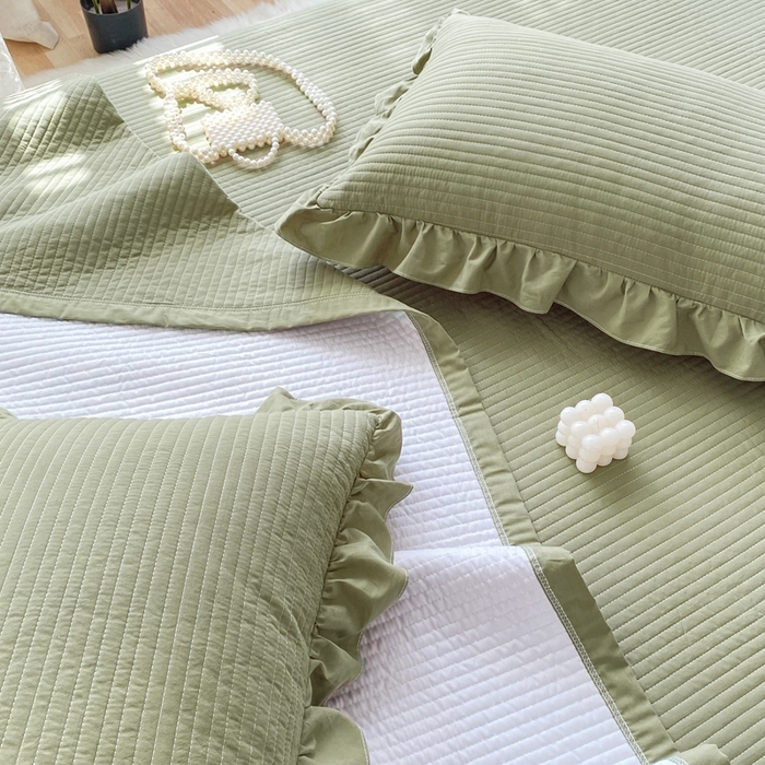 91家纺网 家纺一手货源 找家纺 大境 2024新款40S全棉水洗棉韩版荷叶边夹棉床盖三件套 抹茶绿