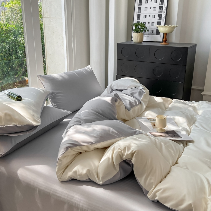 91家纺网 家纺一手货源 找家纺 安力森/诚臻酒店用品酒店用品 2025新款ins博主风水洗棉磨毛双拼四件套 普白+银灰