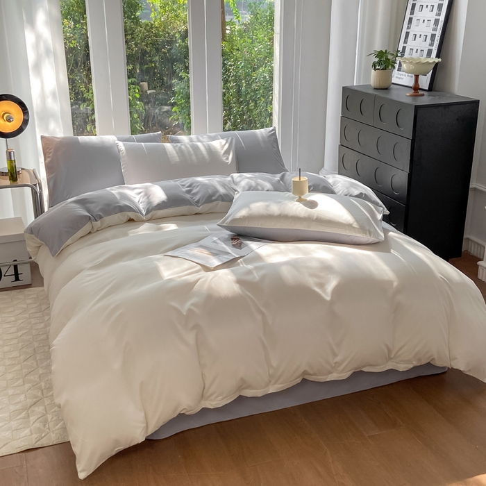 91家纺网 家纺一手货源 找家纺 安力森/诚臻酒店用品酒店用品 2025新款ins博主风水洗棉磨毛双拼四件套 普白+银灰