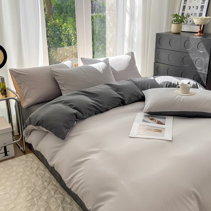 91家纺网 家纺一手货源 找家纺 安力森/诚臻酒店用品酒店用品 2025新款ins博主风水洗棉磨毛双拼四件套 灰白+中灰