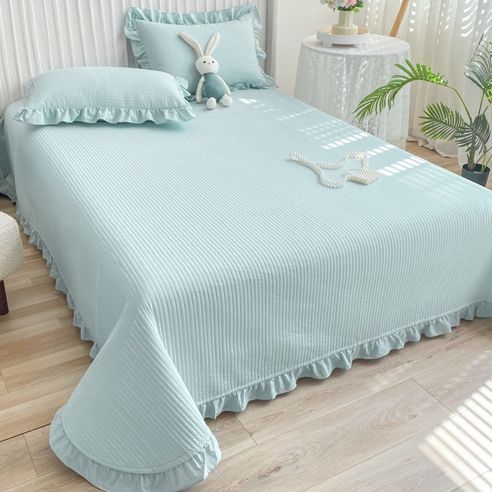 91家纺网 家纺一手货源 找家纺 大境 2024新款40S全棉水洗棉韩版荷叶边夹棉床盖三件套 海盐蓝