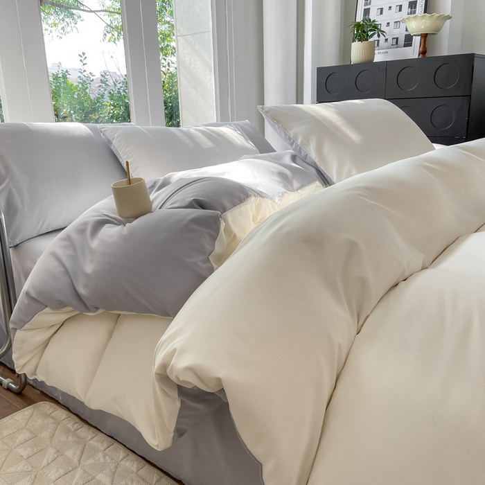 91家纺网 家纺一手货源 找家纺 安力森/诚臻酒店用品酒店用品 2025新款ins博主风水洗棉磨毛双拼四件套 普白+银灰