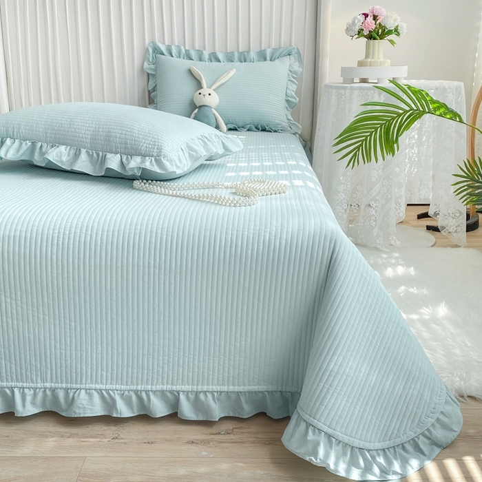 91家纺网 家纺一手货源 找家纺 （总）大境 2024新款40S全棉水洗棉韩版荷叶边夹棉床盖三件套