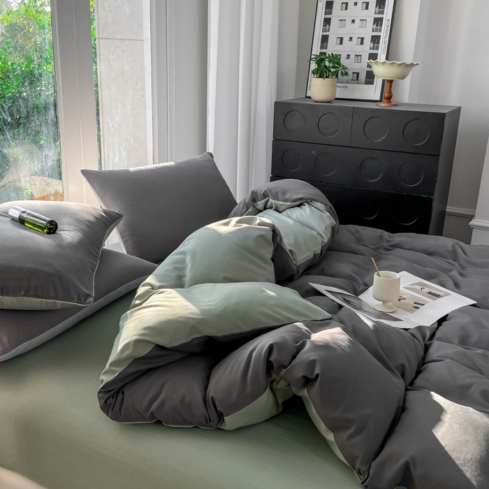 91家纺网 家纺一手货源 找家纺 安力森/诚臻酒店用品酒店用品 2025新款ins博主风水洗棉磨毛双拼四件套 深灰+抹茶