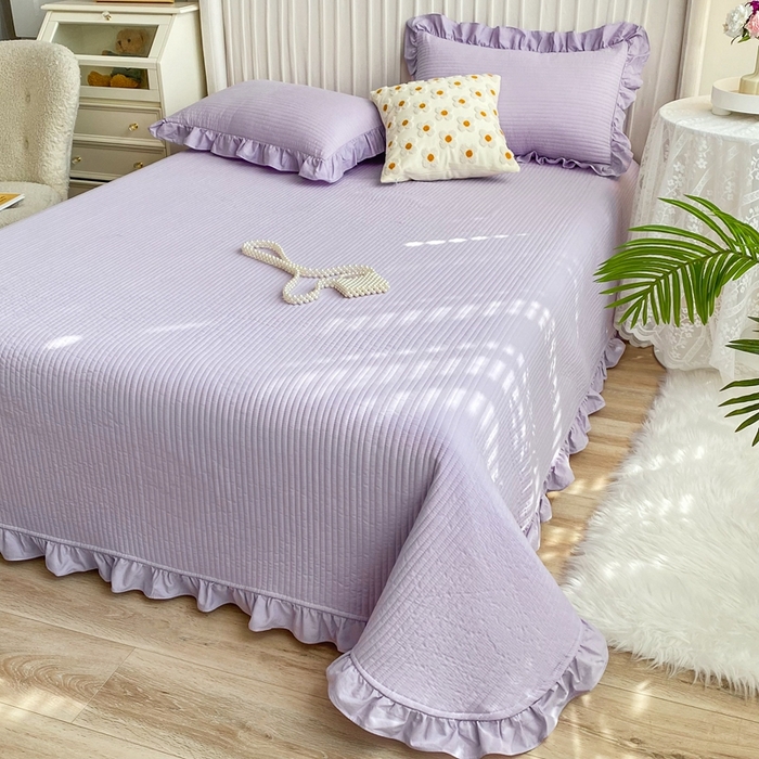 91家纺网 家纺一手货源 找家纺 大境 2024新款40S全棉水洗棉韩版荷叶边夹棉床盖三件套 千黛紫