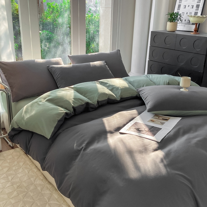 91家纺网 家纺一手货源 找家纺 安力森/诚臻酒店用品酒店用品 2025新款ins博主风水洗棉磨毛双拼四件套 深灰+抹茶