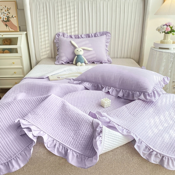 91家纺网 家纺一手货源 找家纺 大境 2024新款40S全棉水洗棉韩版荷叶边夹棉床盖三件套 千黛紫