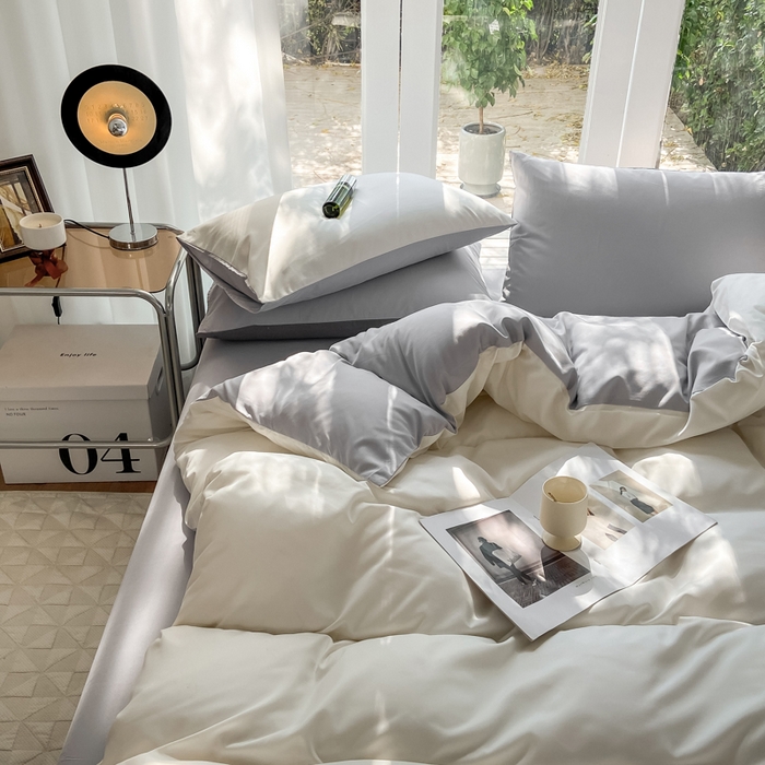 91家纺网 家纺一手货源 找家纺 安力森/诚臻酒店用品酒店用品 2025新款ins博主风水洗棉磨毛双拼四件套 普白+银灰