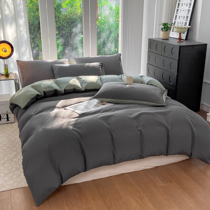 91家纺网 家纺一手货源 找家纺 安力森/诚臻酒店用品酒店用品 2025新款ins博主风水洗棉磨毛双拼四件套 深灰+抹茶