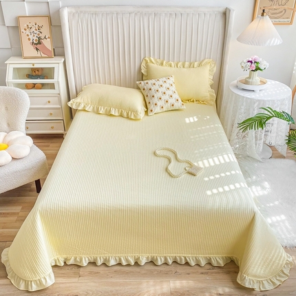 大境 2024新款40S全棉水洗棉韩版荷叶边夹棉床盖三件套 奶油黄