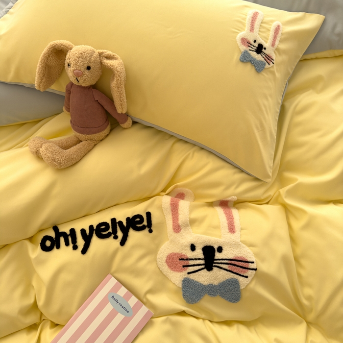 91家纺网 家纺一手货源 找家纺 曼谷家纺 新款毛巾绣四件套小狗图案柔软磨毛床上用品水洗棉套件 长耳兔-芝士蓝