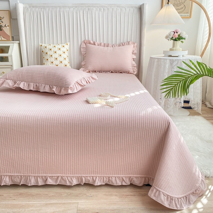 91家纺网 家纺一手货源 找家纺 大境 2024新款40S全棉水洗棉韩版荷叶边夹棉床盖三件套 浅豆沙