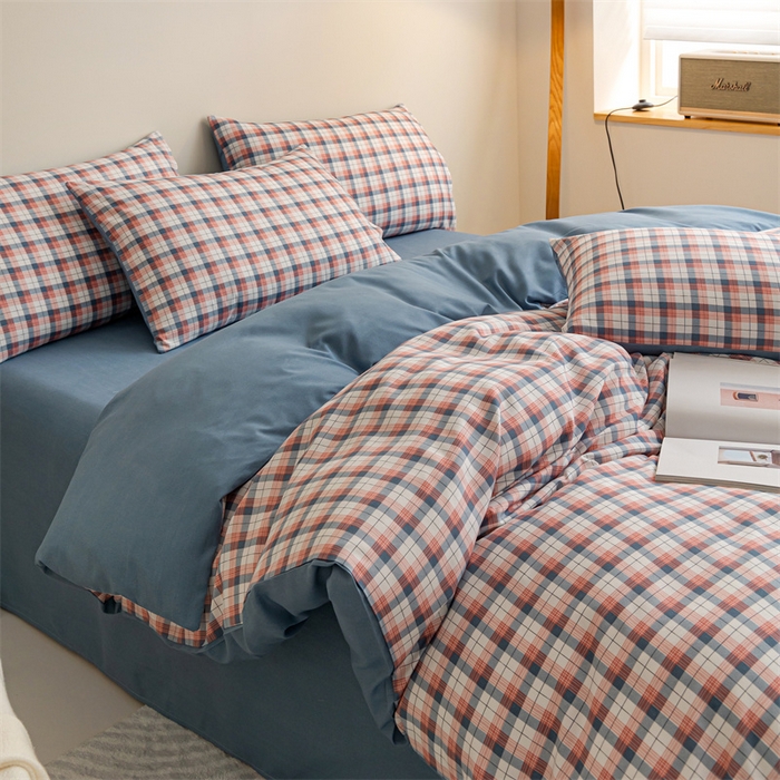 91家纺网 家纺一手货源 找家纺 米瑞娜 2024新款无印风四件套格子条纹水洗棉四件套 贝拉-粉