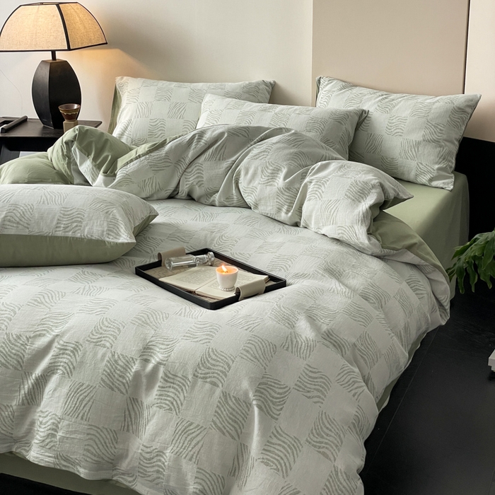 91家纺网 家纺一手货源 找家纺 苏木年华 2024新款A类全棉三层纱提花四件套--方格系列 方格绿