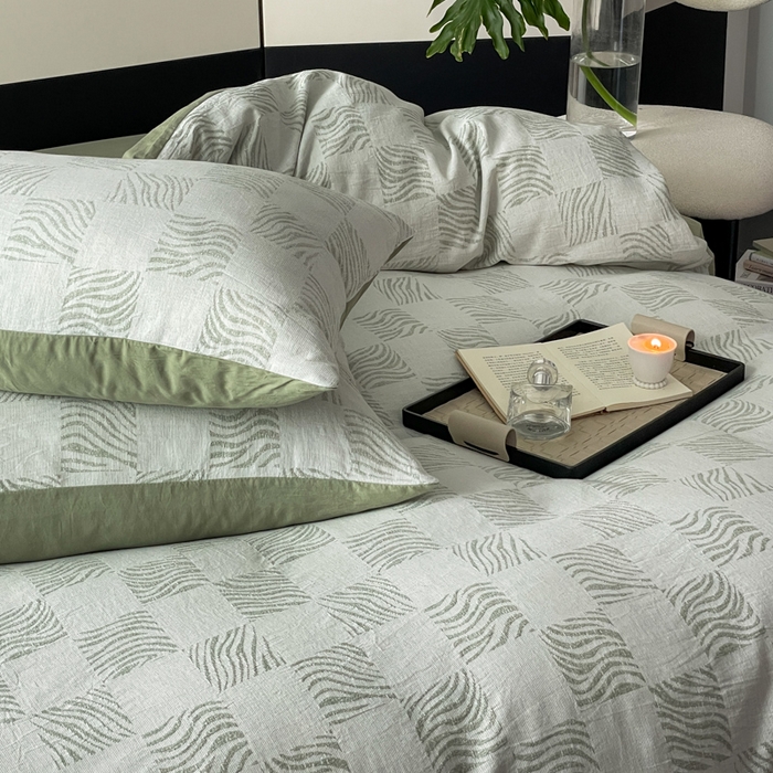 91家纺网 家纺一手货源 找家纺 苏木年华 2024新款A类全棉三层纱提花四件套--方格系列 方格绿