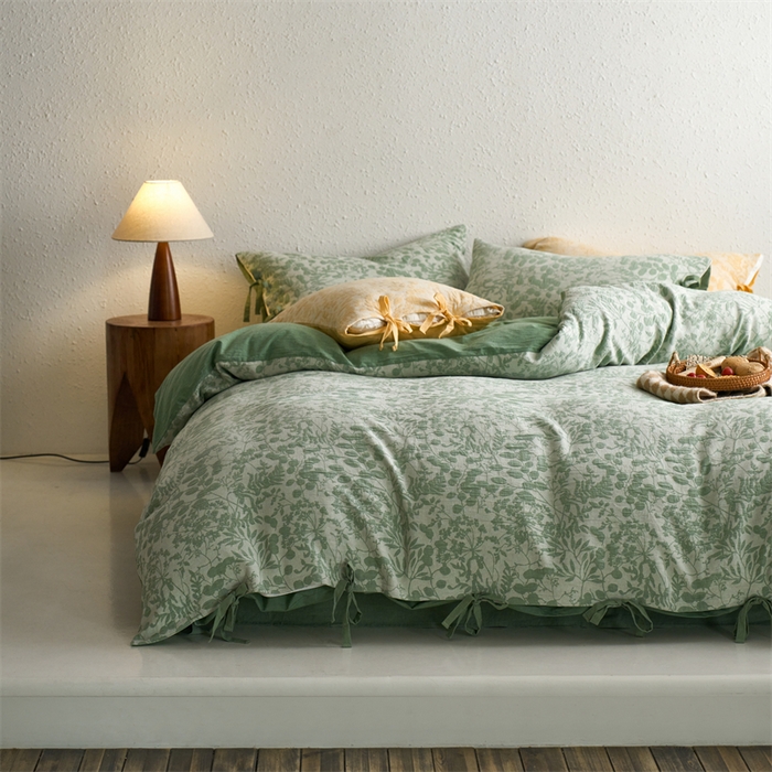 91家纺网 家纺一手货源 找家纺 安莱生活 2024新款高端双层纱栀子花色织大提花蝴蝶结工艺款四件套 栀子花-嫩绿