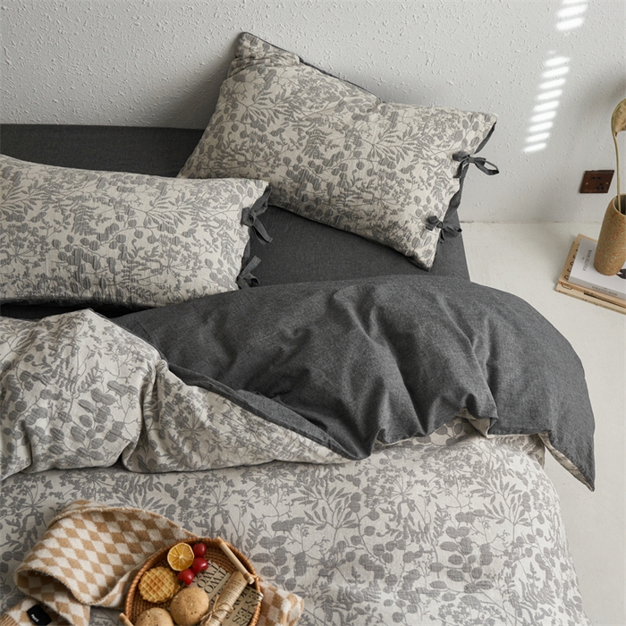 91家纺网 家纺一手货源 找家纺 安莱生活 2024新款高端双层纱栀子花色织大提花蝴蝶结工艺款四件套 栀子花-深灰