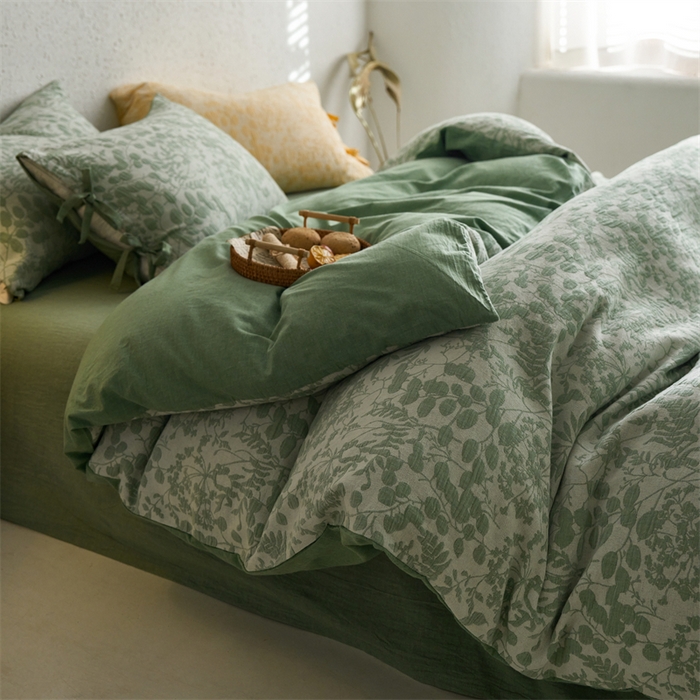 91家纺网 家纺一手货源 找家纺 安莱生活 2024新款高端双层纱栀子花色织大提花蝴蝶结工艺款四件套 栀子花-嫩绿