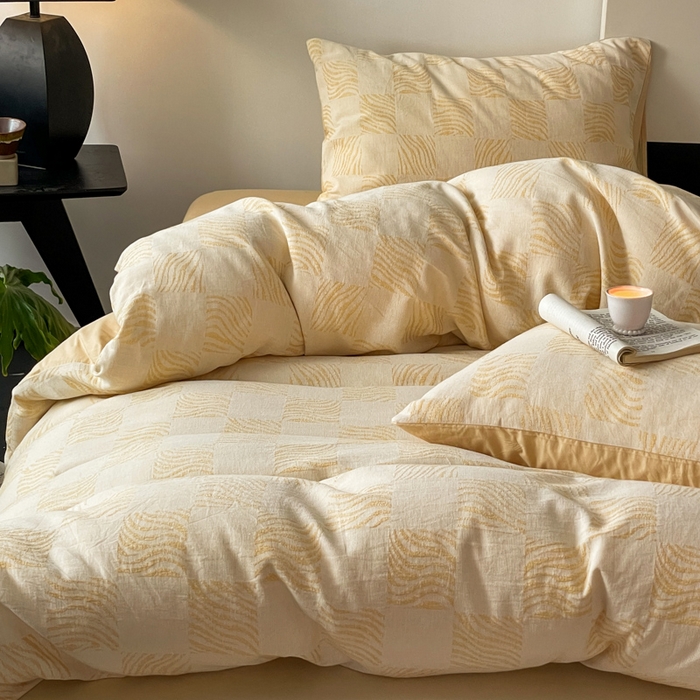 91家纺网 家纺一手货源 找家纺 苏木年华 2024新款A类全棉三层纱提花四件套--方格系列 方格绿