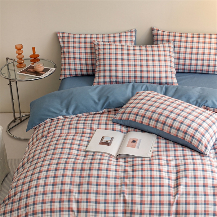 91家纺网 家纺一手货源 找家纺 米瑞娜 2024新款无印风四件套格子条纹水洗棉四件套 贝拉-粉