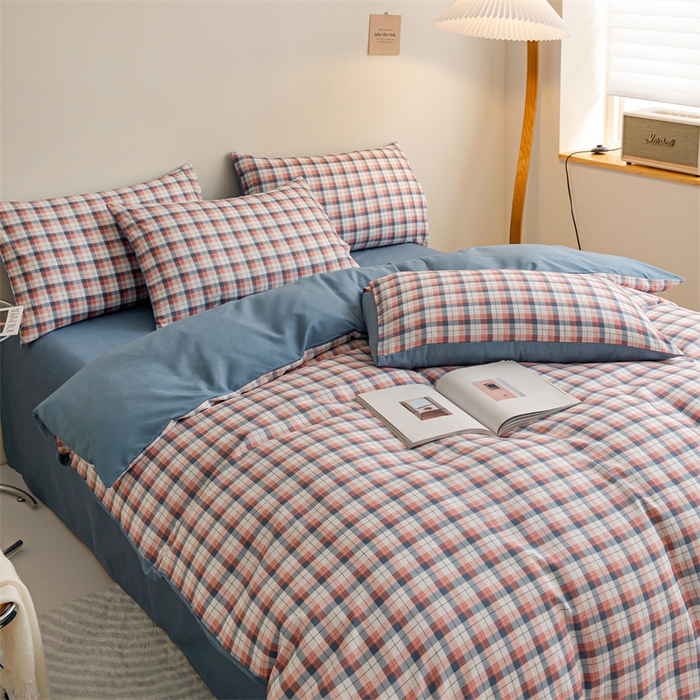 91家纺网 家纺一手货源 找家纺 米瑞娜 2024新款无印风四件套格子条纹水洗棉四件套 贝拉-粉