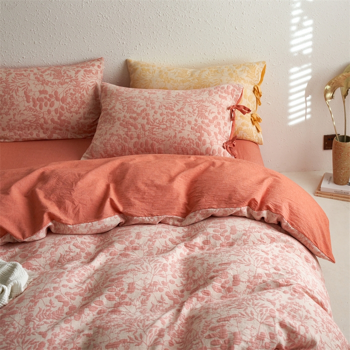 91家纺网 家纺一手货源 找家纺 安莱生活 2024新款高端双层纱栀子花色织大提花蝴蝶结工艺款四件套 栀子花-橘红