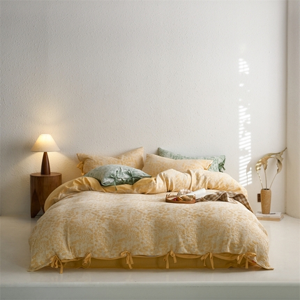 91家纺网 家纺一手货源 找家纺 （总）安莱生活 2024新款高端双层纱栀子花色织大提花蝴蝶结工艺款四件套