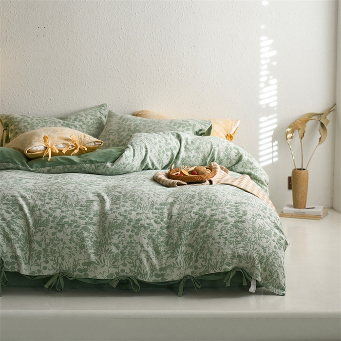 91家纺网 家纺一手货源 找家纺 安莱生活 2024新款高端双层纱栀子花色织大提花蝴蝶结工艺款四件套 栀子花-嫩绿